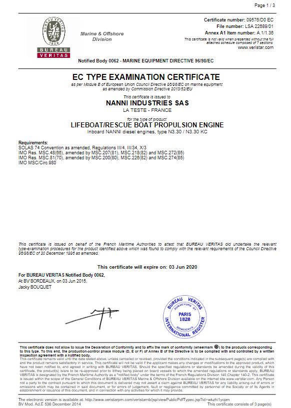 CERTIFICAT TYPE APPROVAL SOLAS Nanni N3.30