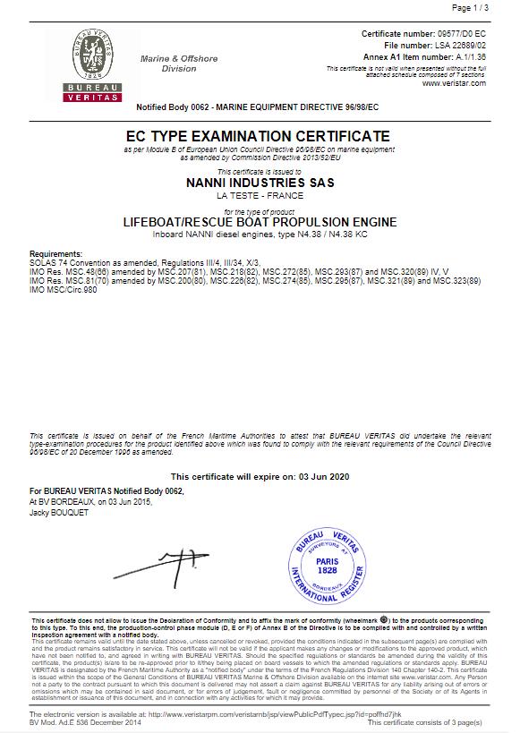 CERTIFICAT TYPE APPROVAL SOLAS Nanni N4.38