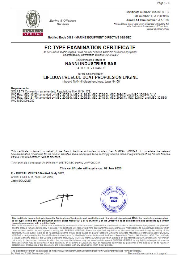 CERTIFICAT TYPE APPROVAL SOLAS Nanni N4.50