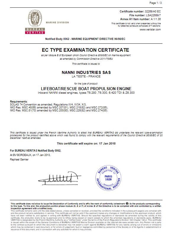 Сертификат испытаний типового образца на соответствие требованиям SOLAS