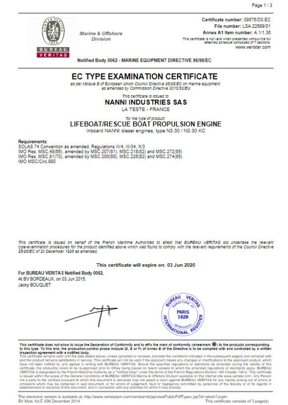 CERTIFICAT TYPE APPROVAL SOLAS Nanni N3.30