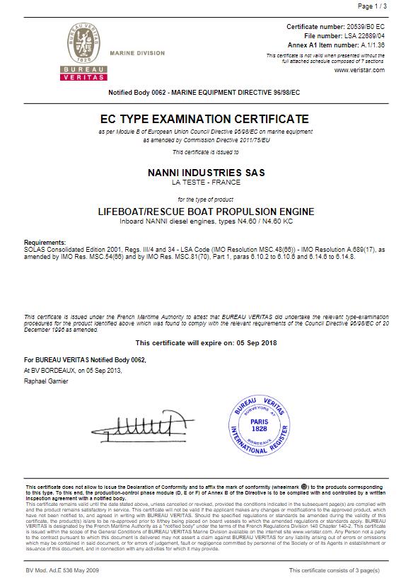 CERTIFICAT TYPE APPROVAL SOLAS Nanni N4.60